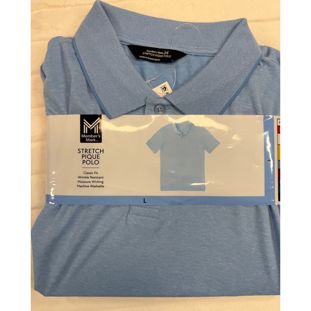 Member's Mark Polo Men's Large Blue Heathered Stretch Pique Wicking Classic Fit‎